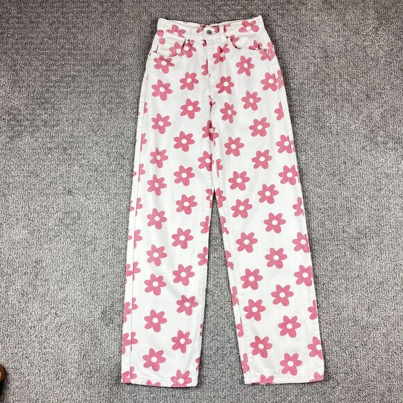 Cotton On Jeans Womens 2 White Pink Daisy Floral Loose Straight High Rise Denim - Picture 1 of 12